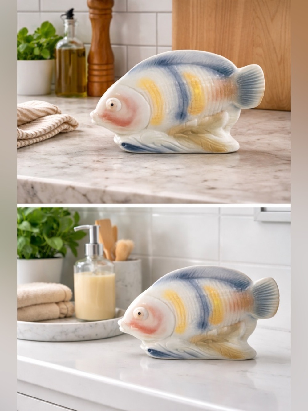Ceramic Fish Figurine Coastal Nautical Beach Decor Blue Yellow Sculpture